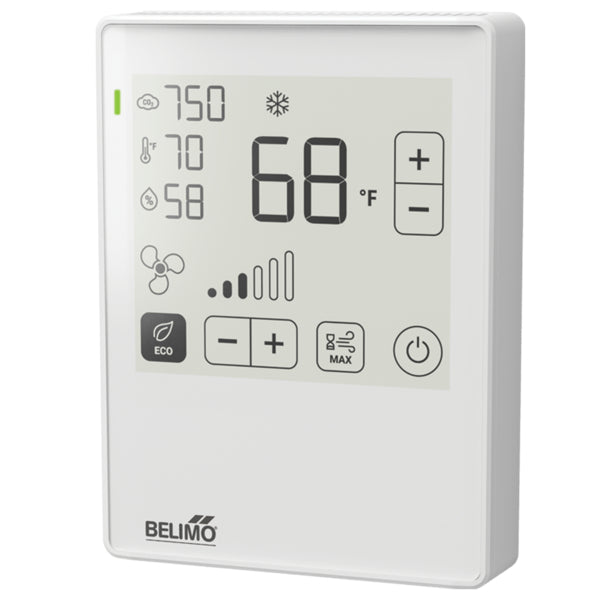 SENSOR DE AMBIENTE CO₂ / HUMEDAD / TEMPERATURA ACTIVO, NFC, 0...5 V, 0...10 V, 2...10 V, MP-BUS, PANTALLA TÁCTIL EPAPER Y LED, PC, BLANCO, RAL 9003