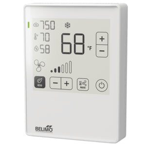 22RTM-5800D - Sensor de ambiente para CO₂ / humedad / temperatura activo, NFC, 0...5 V, 0...10 V, 2...10 V, 4...20 mA, MP-Bus, Visor táctil ePaper y LED, PC, blanco, RAL 9003