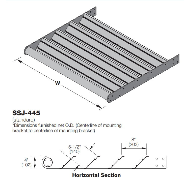 SSJ-445 - Parasol de aluminio extruido de 4” de profundidad con hojas en forma de J de 45 grados.