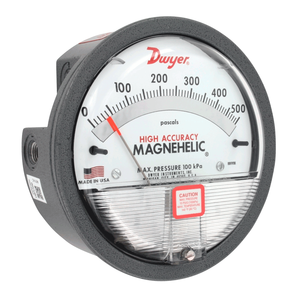 2000-0 - Medidor de presión diferencial, rango de 0-0.50" columna de agua, divisiones menores de 0.01, calibrado para posición de escala vertical.