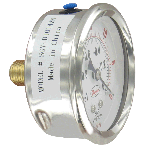 SGY-D10342N-GF - Medidor de acero inoxidable de 2.5", conexión trasera NPT de 1/4", rango de 30 psi, llenado con glicerina